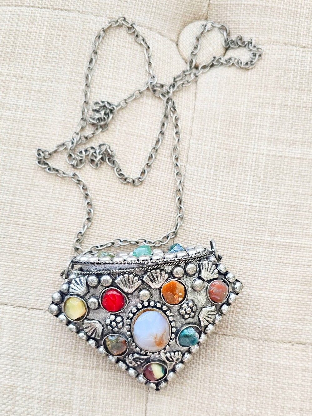 Silver Pendant Necklace/small Purse  Indian Sajai- Colorful Genuine Gem.